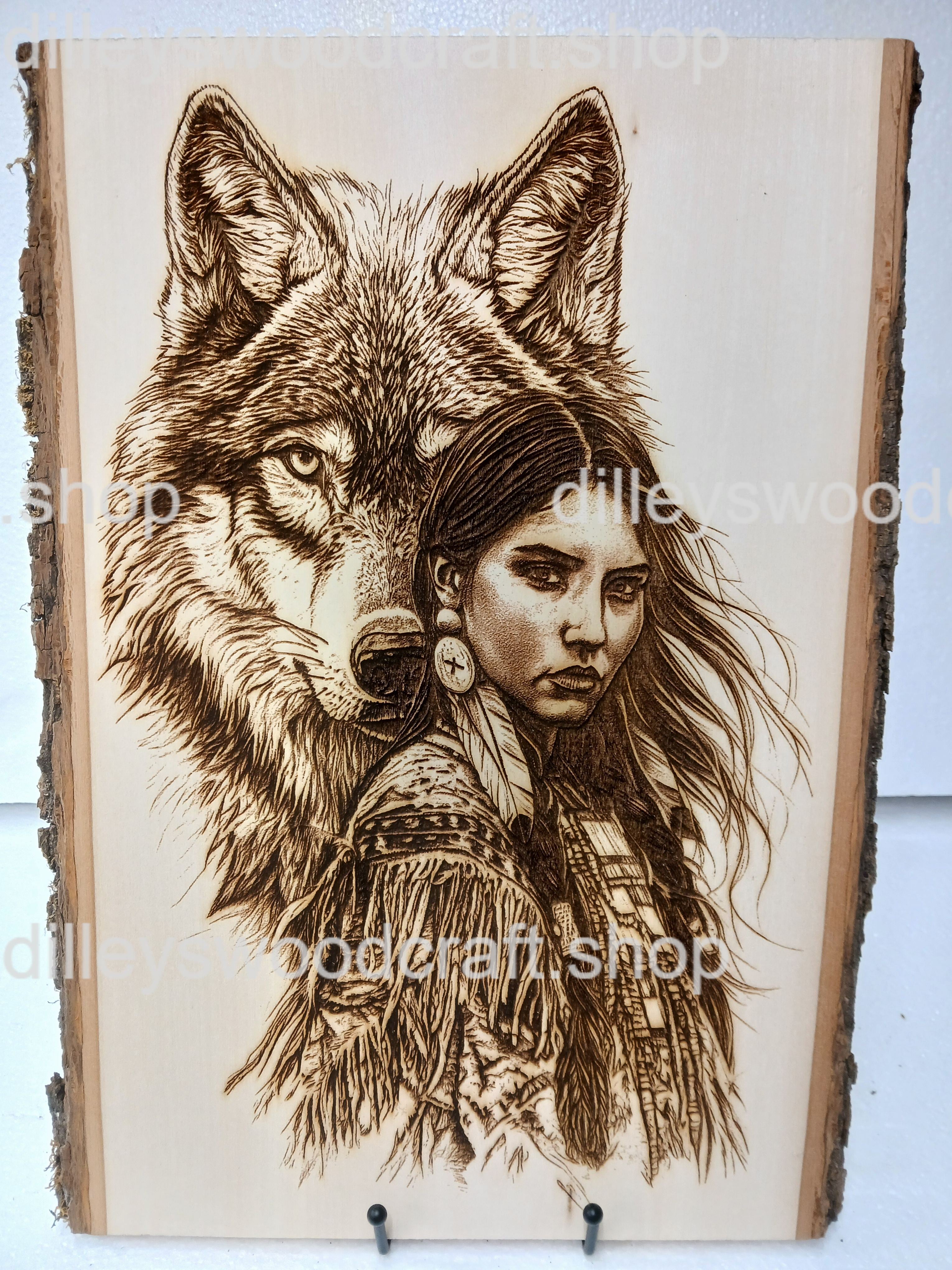 Native American Woman with Wolf Engraving