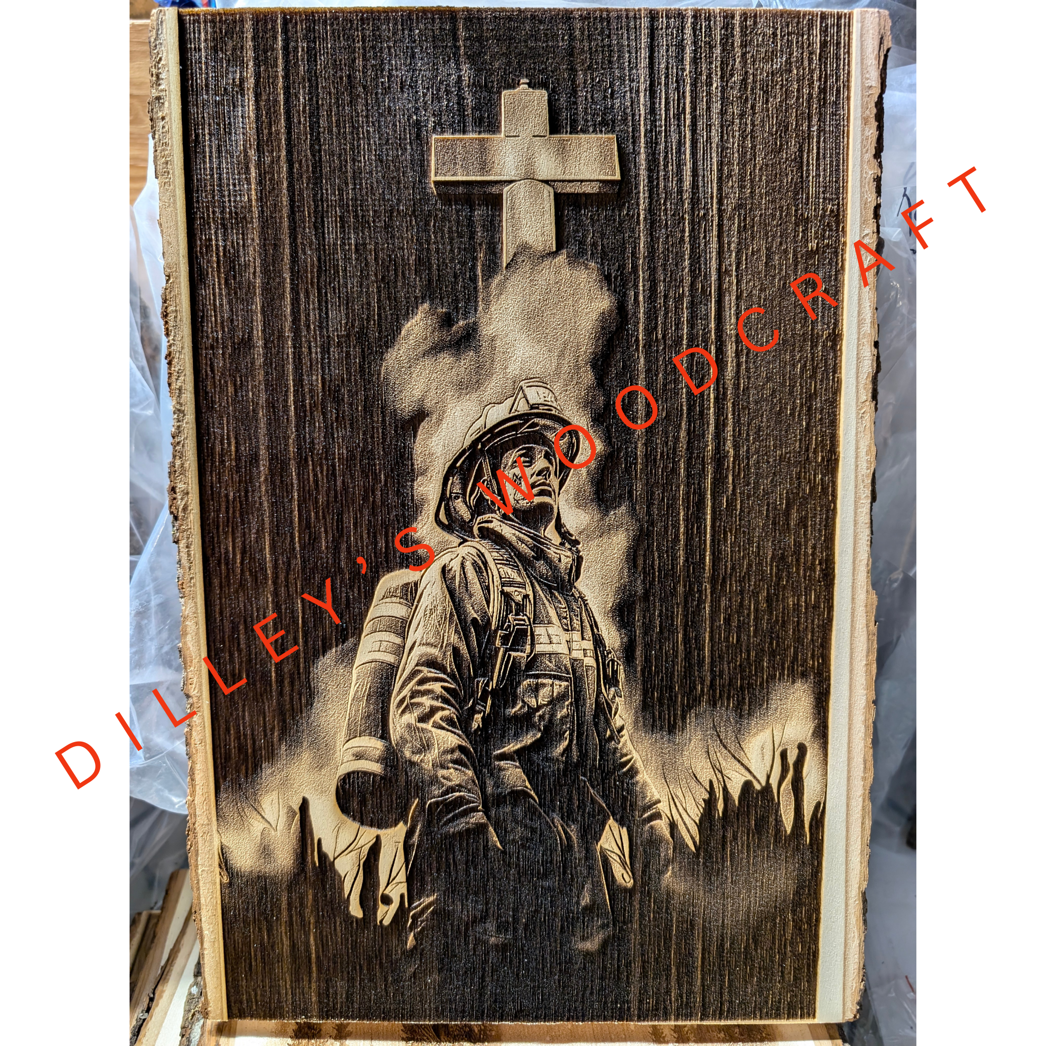 Firefighter with a Cross Engraving Board
