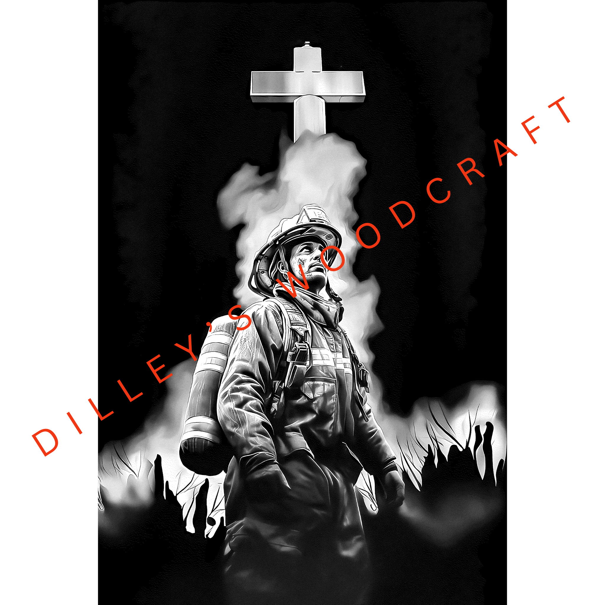 Firefighter with a Cross Engraving Board