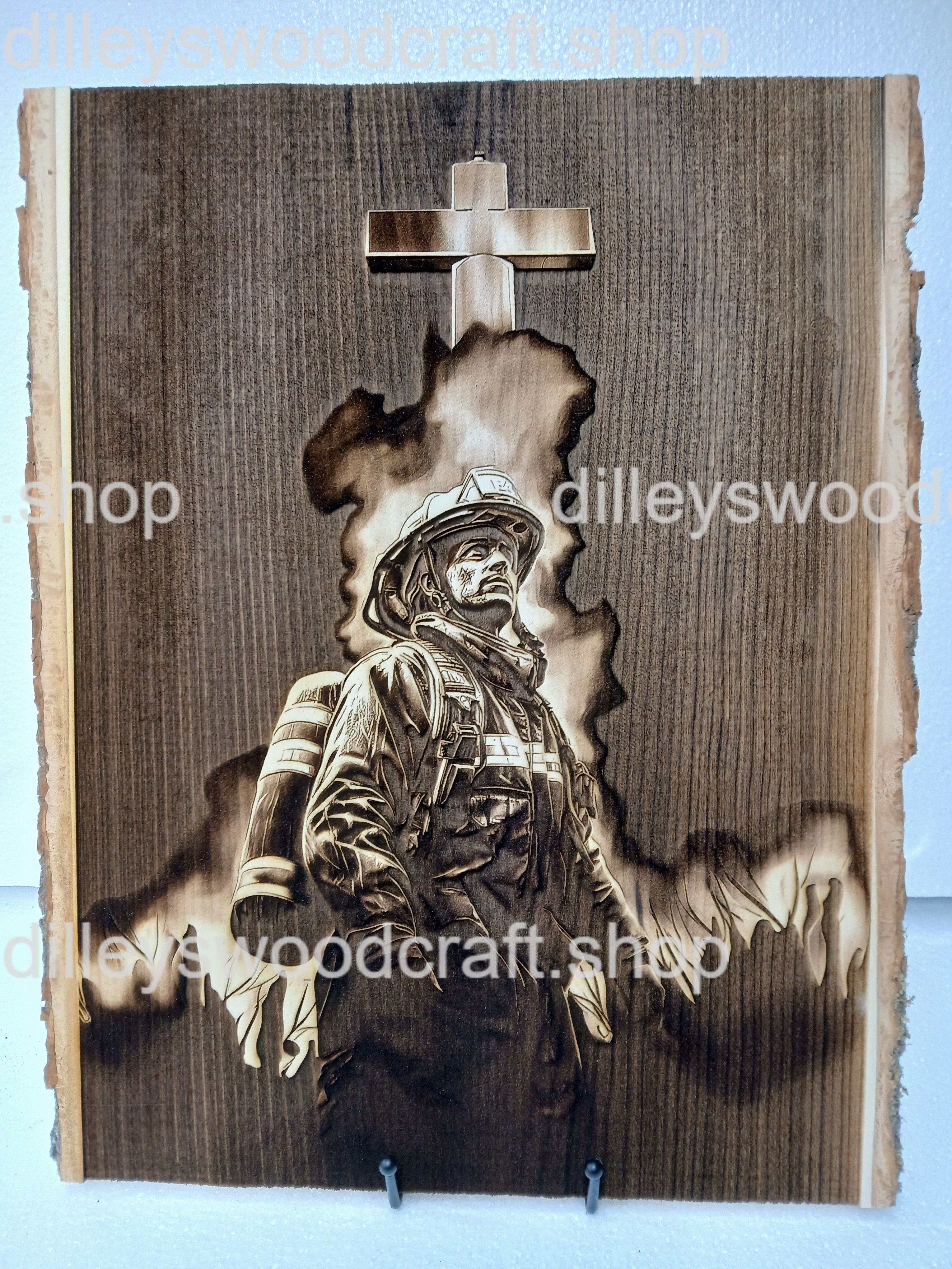 Firefighter with a Cross Engraving Board