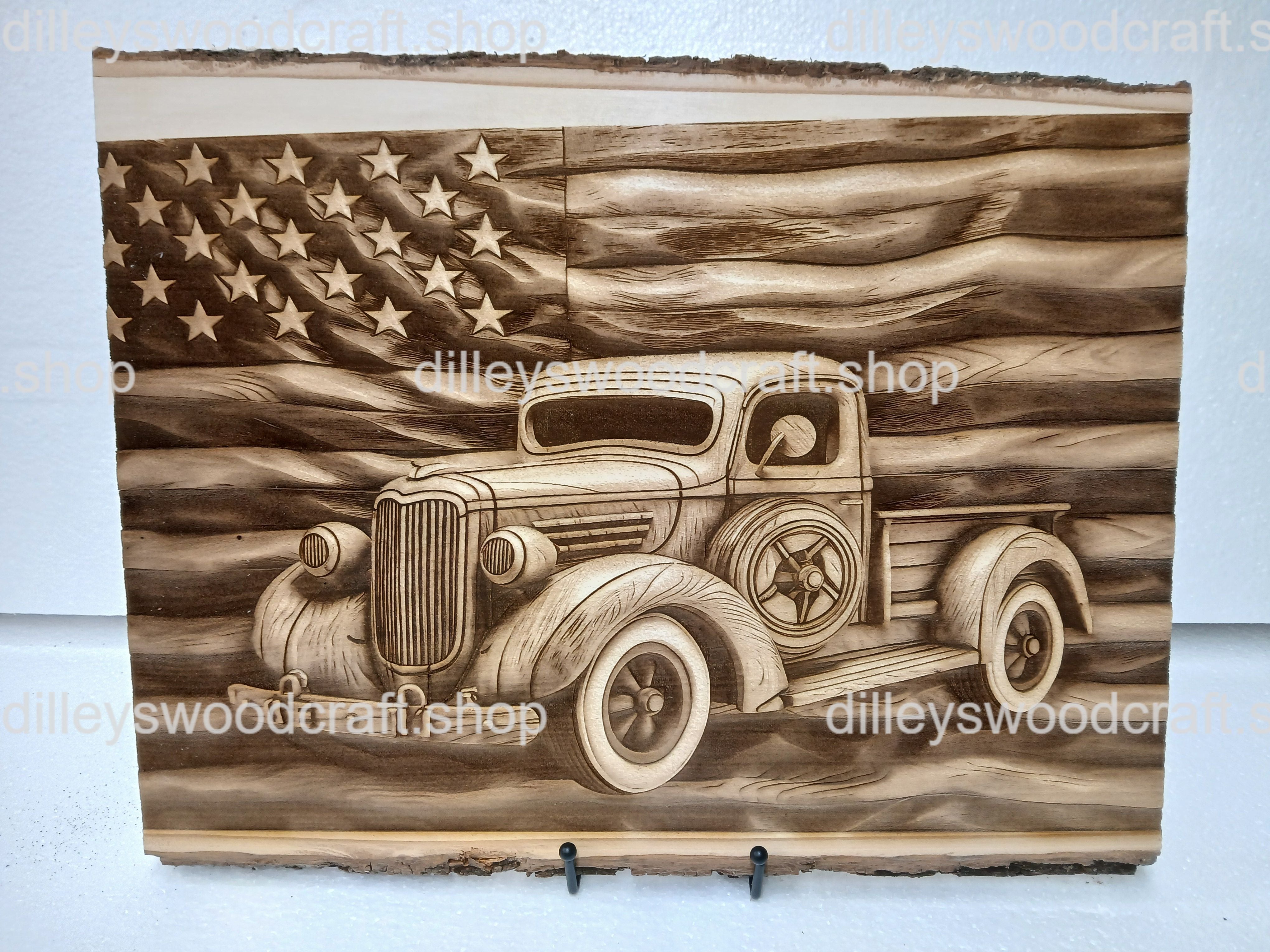 Retro Truck with Flag Engraving