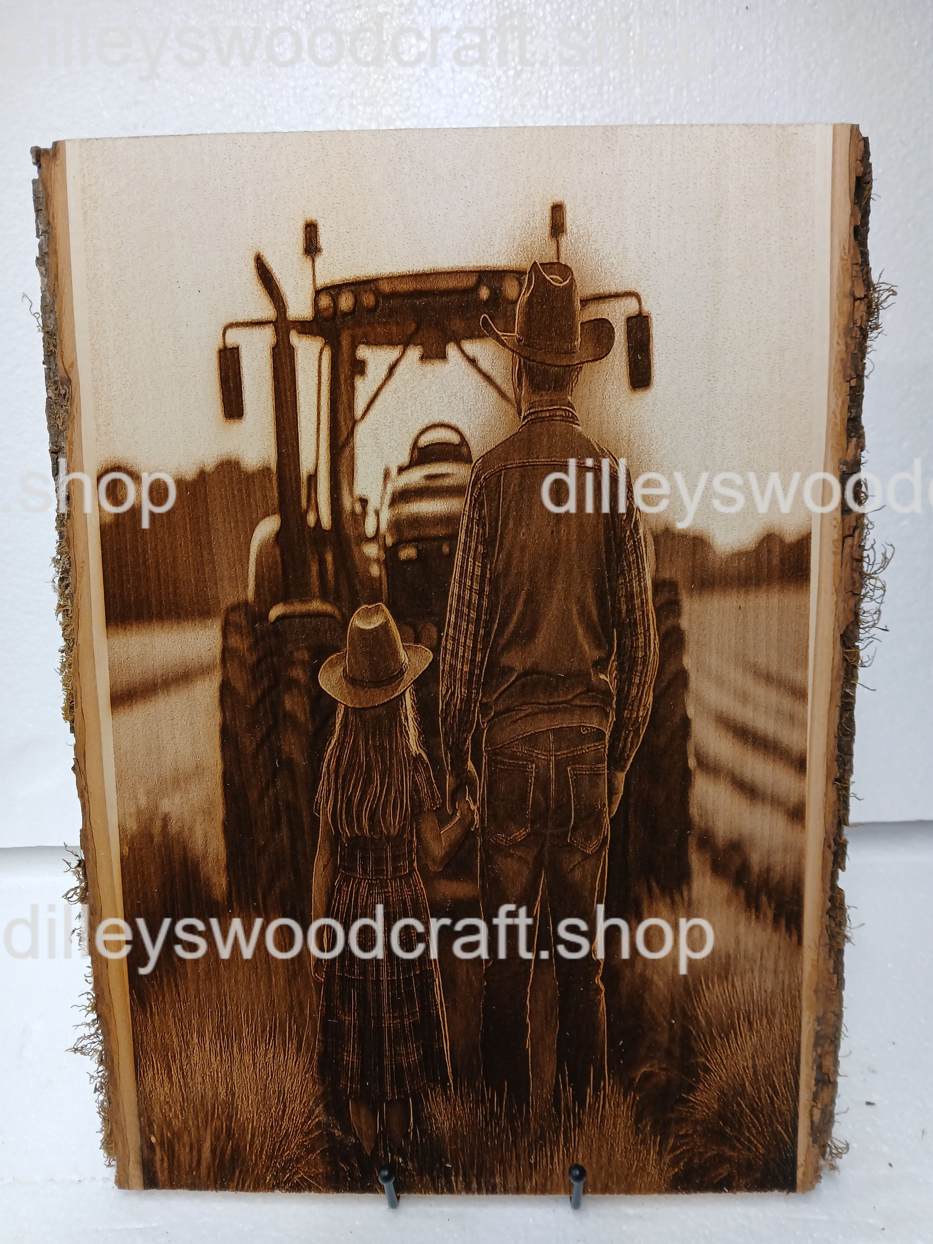 Tractor with Man and Girl Engraving