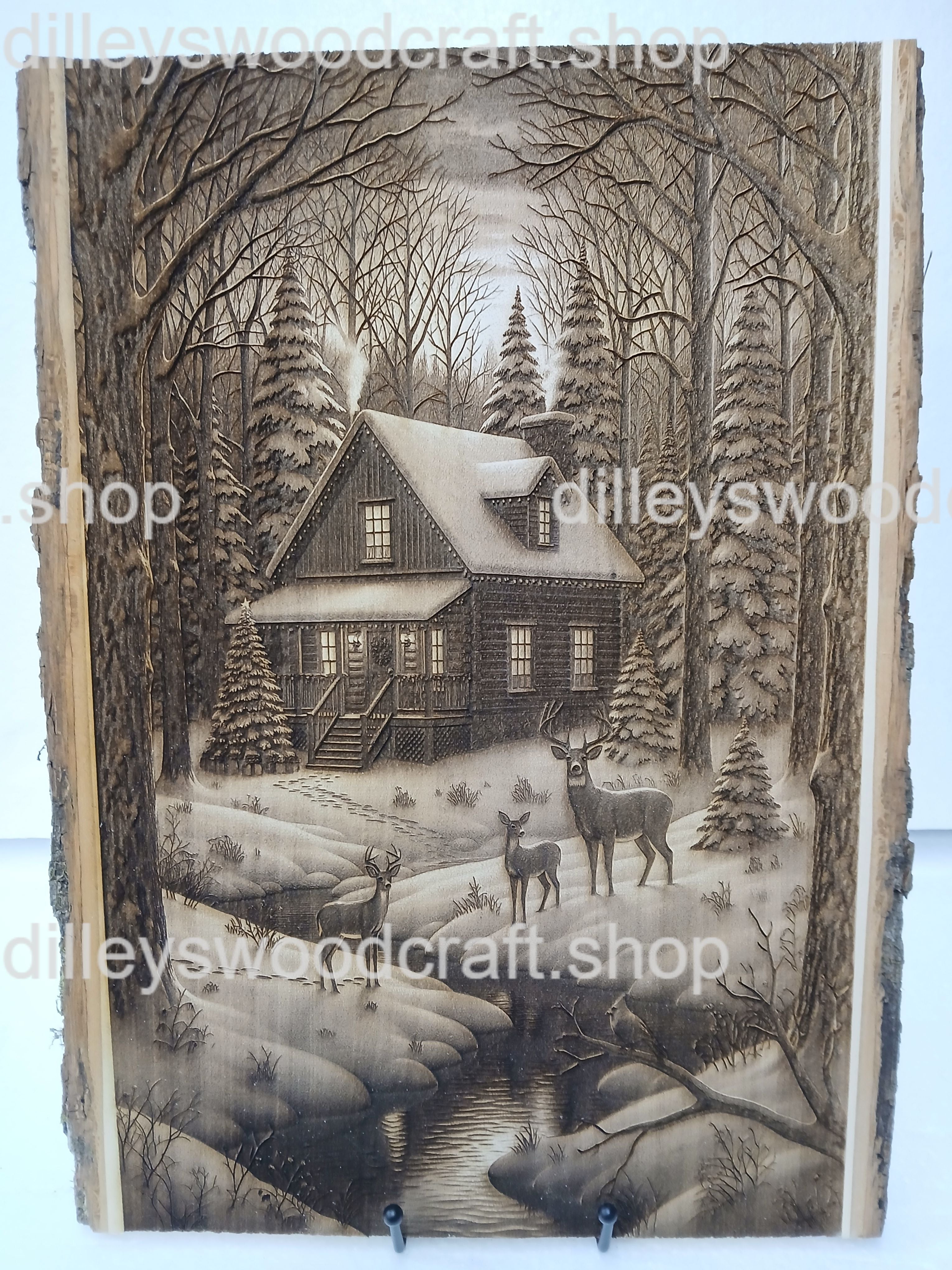 Cabin with Deer in Snow Engraving