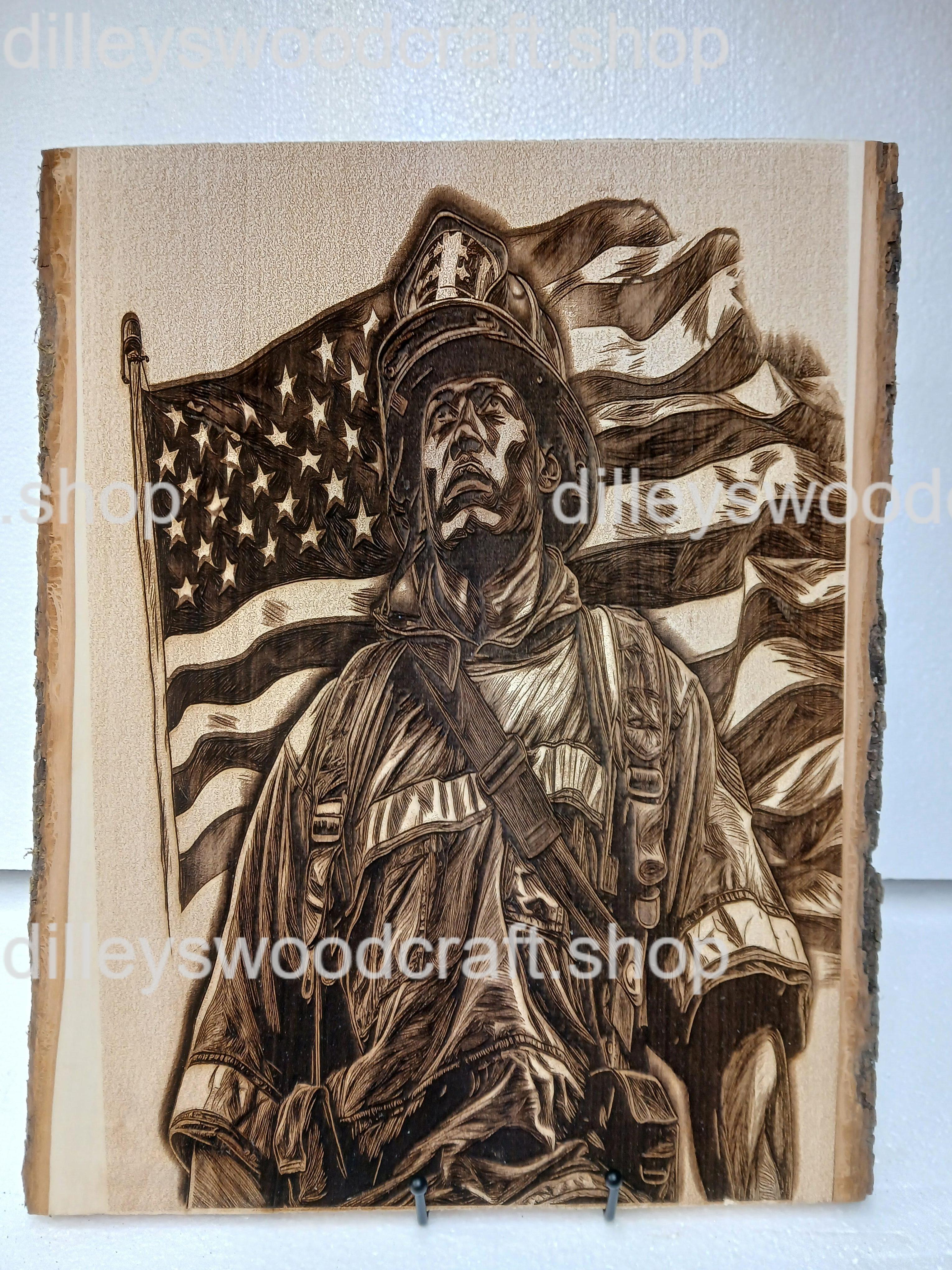 Firefighter with a Flag Engraving Board